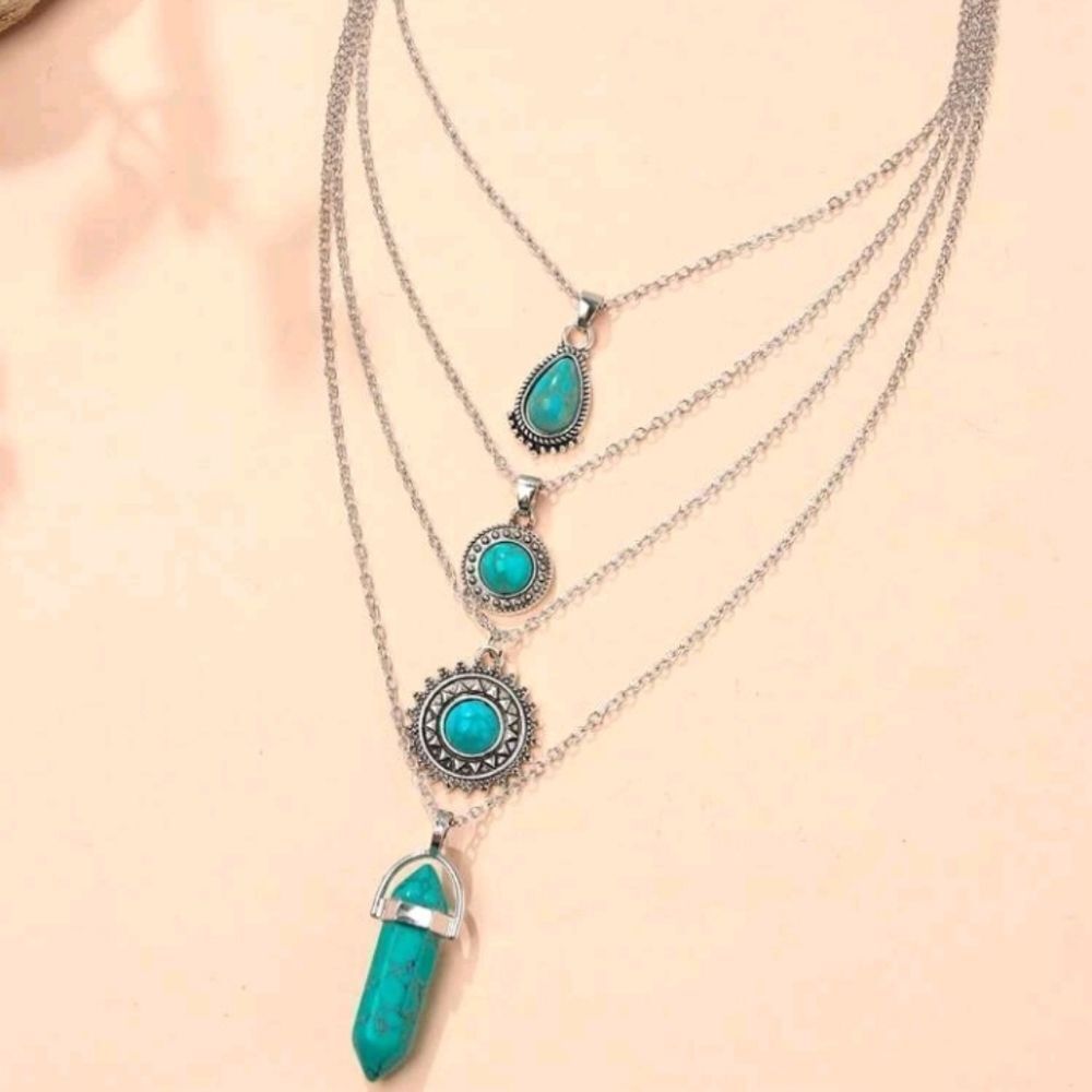 Silver Multi Layered Turquoise Pendant Necklace